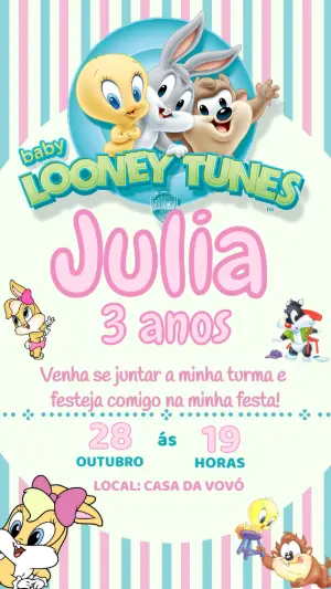 Convite de Aniversário Baby Looney Tunes Rosa Modelo Editável