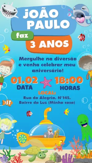 Convite de Aniversário Fundo do Mar Bita Modelo Editável