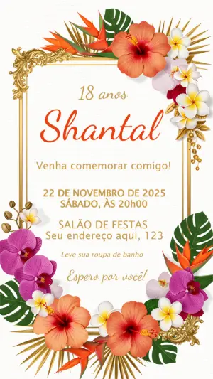 Convite de Aniversário Tropical Floral para Editar Online