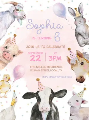 Farm Animals Birthday Invitation | Editable Watercolor Template