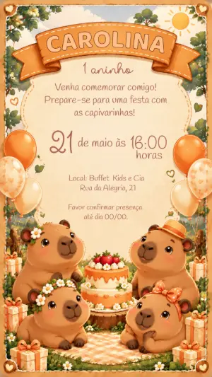 Convite de Aniversário Capivara Editável para Festa Infantil