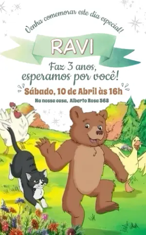 Convite de Aniversário Infantil Ursinho e Amigos Editável