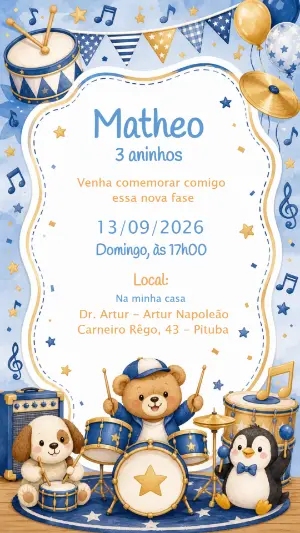 Convite de Aniversário Ursinho Baterista Editável para Menino