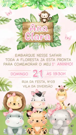 Convite de Aniversário Safari Menina Aquarela Editável