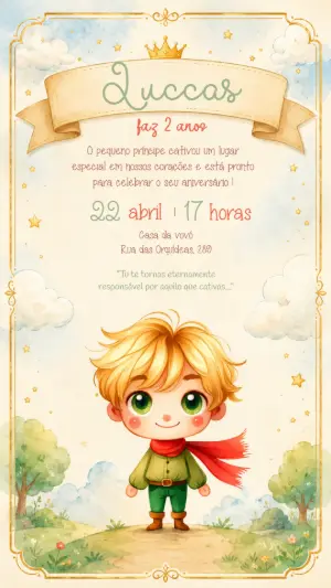 Convite de Aniversário O Pequeno Príncipe Aquarela Editável