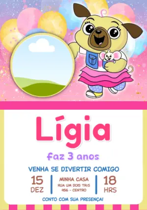 Convite Digital Aniversário Infantil Pug Rosa Editável