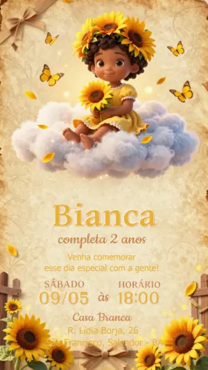Convite de Aniversário Girassol Menina Morena Editável