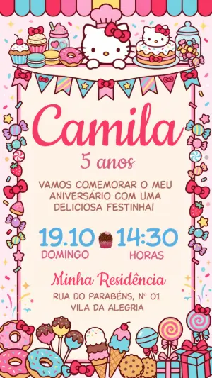 Convite de Aniversário Confeitaria da Hello Kitty Editável