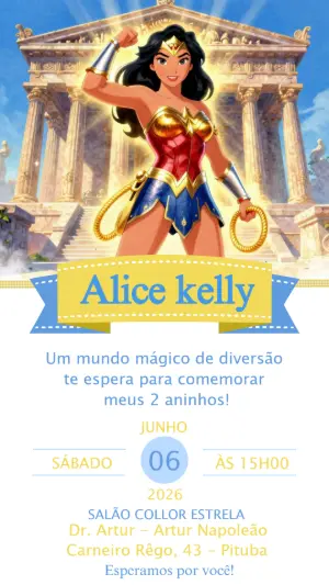 Convite de Aniversário Mulher-Maravilha Infantil para Editar
