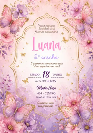 Convite Editável Aniversário Borboletas Aquarela Lilás