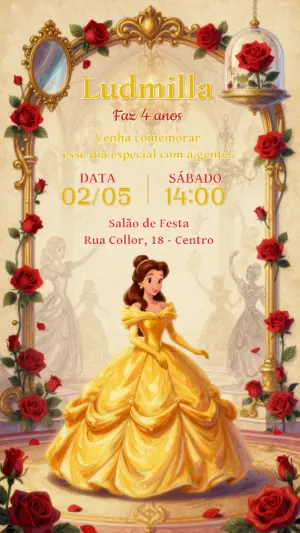 Convite de Aniversário A Bela e a Fera Elegante para Editar