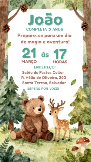 Convite de Aniversário Infantil Floresta Fofa para Editar