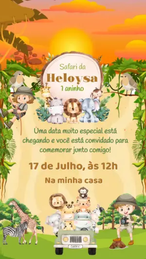Convite Animado Aniversário Safari com Animais para Editar