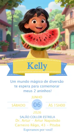 Convite de Aniversário Infantil Menina com Melancia Editável
