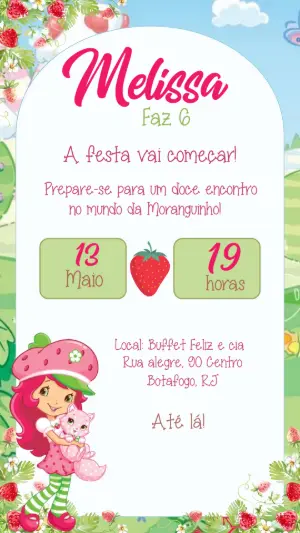 Convite Digital Aniversário Infantil Moranguinho para Editar