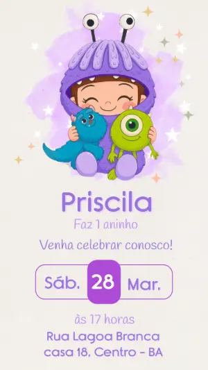 Convite Monstros SA Menina Lilás para Editar e Imprimir