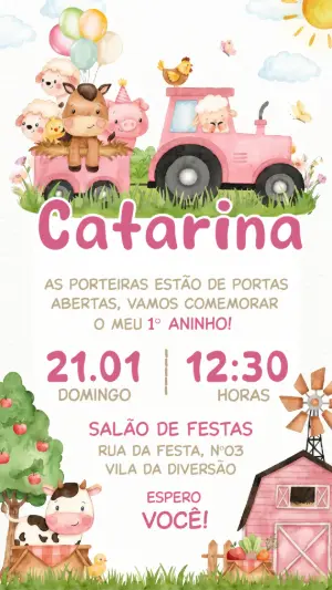 Convite de Aniversário Fazendinha Menina Aquarela Editável