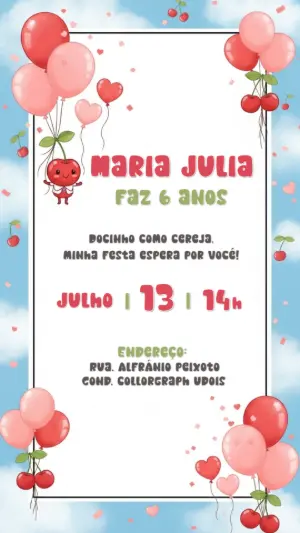Convite Aniversário Tema Cerejinha para Editar Online