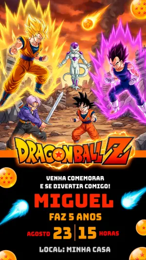 Convite de Aniversário Dragon Ball Z Editável com Personagens