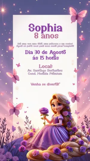 Convite de Aniversário Rapunzel Editável para Enviar Online