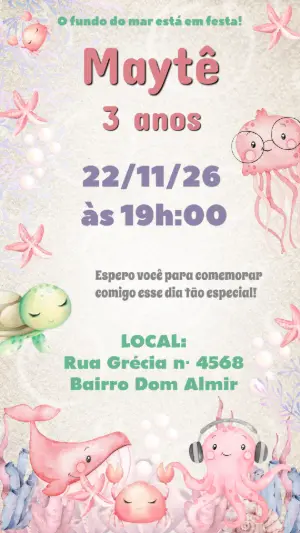 Convite de Aniversário Fundo do Mar Aquarela para Editar
