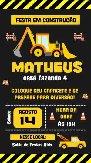 Convite de Aniversário Construção com Trator para Editar