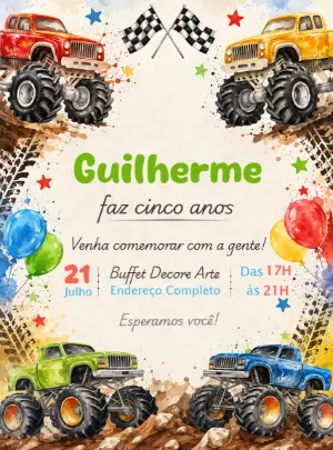 Convite de Aniversário Monster Truck Aquarela para Editar
