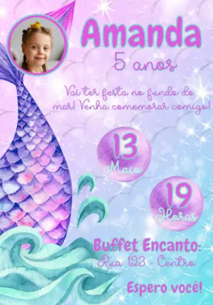 Convite de Aniversário Sereia com Foto para Editar