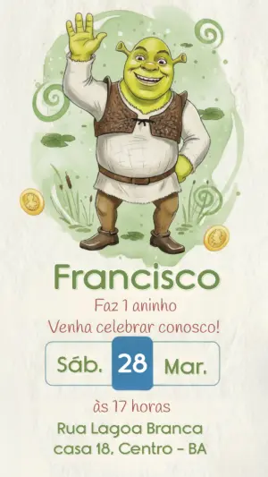 Convite de Aniversário Shrek em Aquarela para Editar