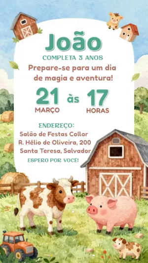 Convite de Aniversário Fazendinha Aquarela para Editar