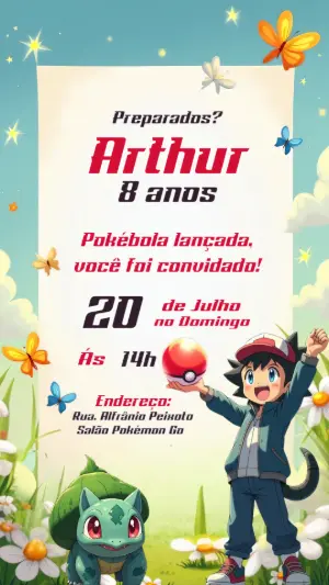 Convite de Aniversário Pokémon com Ash e Bulbasaur para Editar
