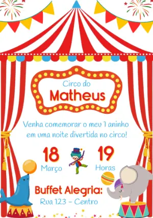 Convite de Aniversário Circo Vermelho e Colorido para Editar