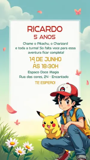 Convite de Aniversário Pokémon com Ash e Pikachu para Editar