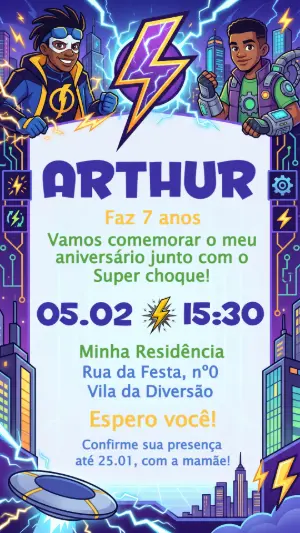 Convite de Aniversário Super Choque Herói Elétrico Editável