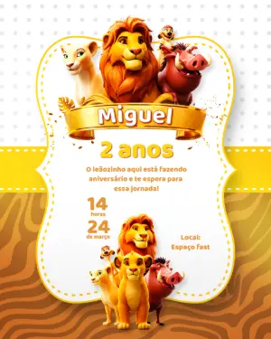 Convite Aniversário Rei Leão com Personagens para Editar Online