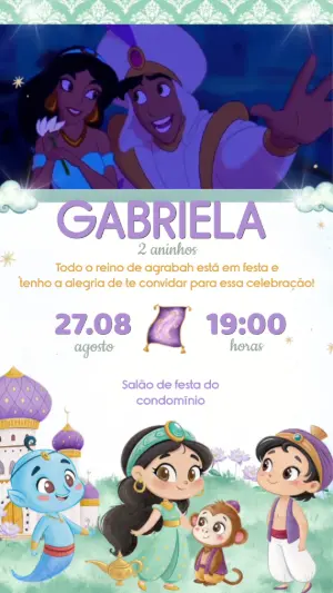 Convite Animado Aniversário Jasmine e Aladdin para Editar