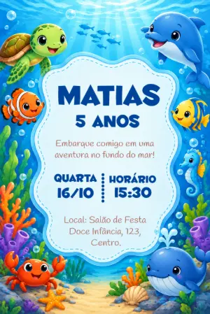 Convite de Aniversário Fundo do Mar: Modelo Digital Editável