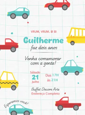 Convite Aniversário Carrinhos e Transportes para Editar Online