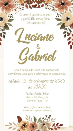 Convite de Casamento Floral Rústico em Tons Terrosos Editável