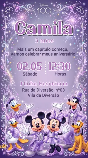 Convite de Aniversário Disney 100 Anos Lilás Editável