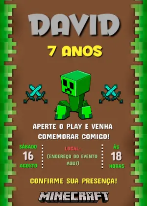 Convite de Aniversário Minecraft com Creeper para Editar Online