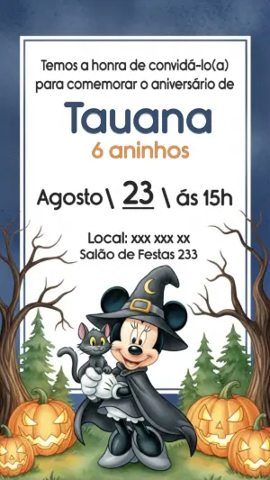 Convite Aniversário Minnie Halloween para Editar Online