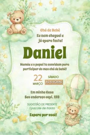 Convite Chá de Bebê Ursinho Baloeiro Aquarela para Editar