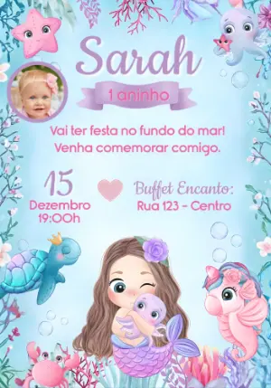 Convite Digital Sereia Fofa e Fundo do Mar para Editar