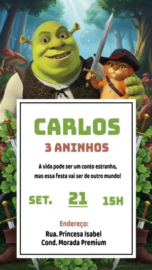 Convite de Aniversário Shrek e Gato de Botas para Editar Online