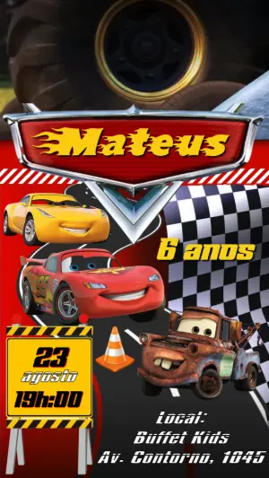 Convite Animado Aniversário Carros para Editar Online