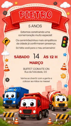 Convite de Aniversário Caminhões Construção para Editar