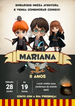 Convite Aniversário Harry Potter com Personagens para Editar