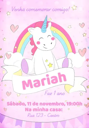 Convite de Aniversário Unicórnio Fofo para Editar Online