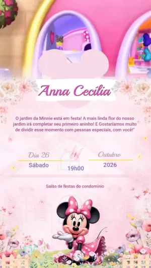 Convite Animado Aniversário Minnie Jardim Encantado para Editar
